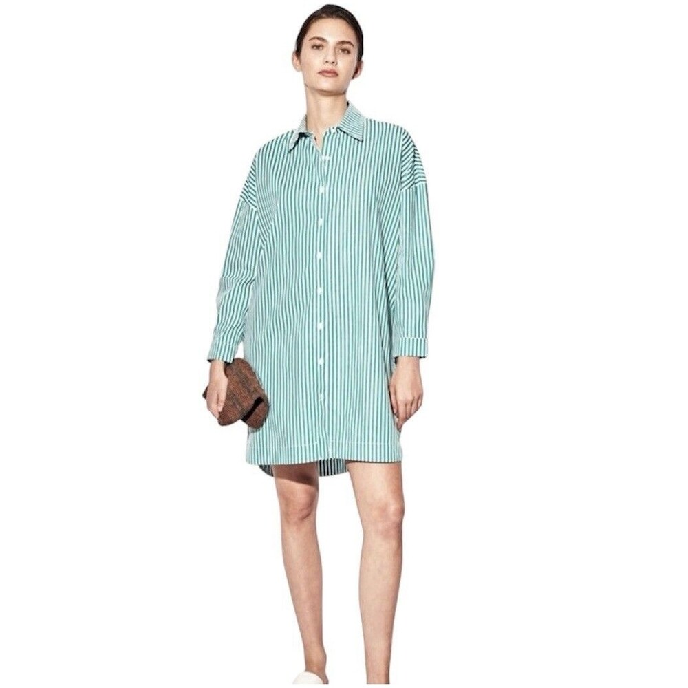 Deluc Green White Striped Collar Shirt Dress Size Small Cotton Nautical Classic